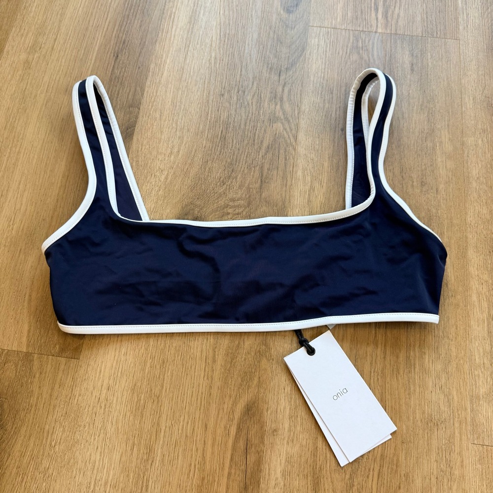 NWT Onia Claire Bikini Top Deep Navy White Contrast Trim Womens Large